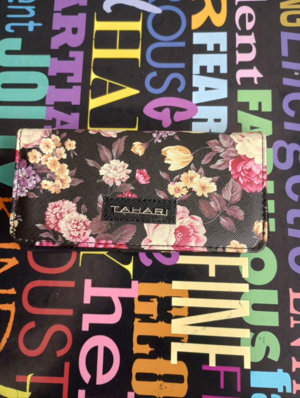 Tahari Black Floral Wallet with Pink and Cream Blooms
